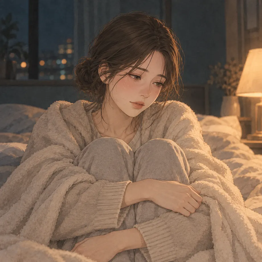 밤, 담요를 두르고 무릎을 안은 채 길게 숨을 내쉬는 사람